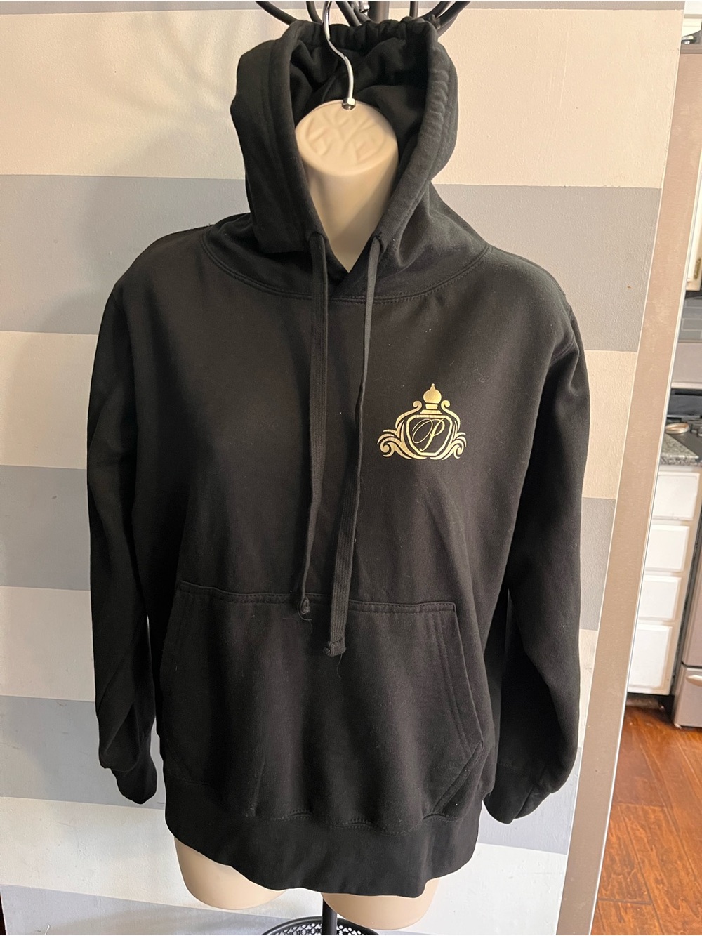 Black Pullover Hoodie with Gold Crest Logo